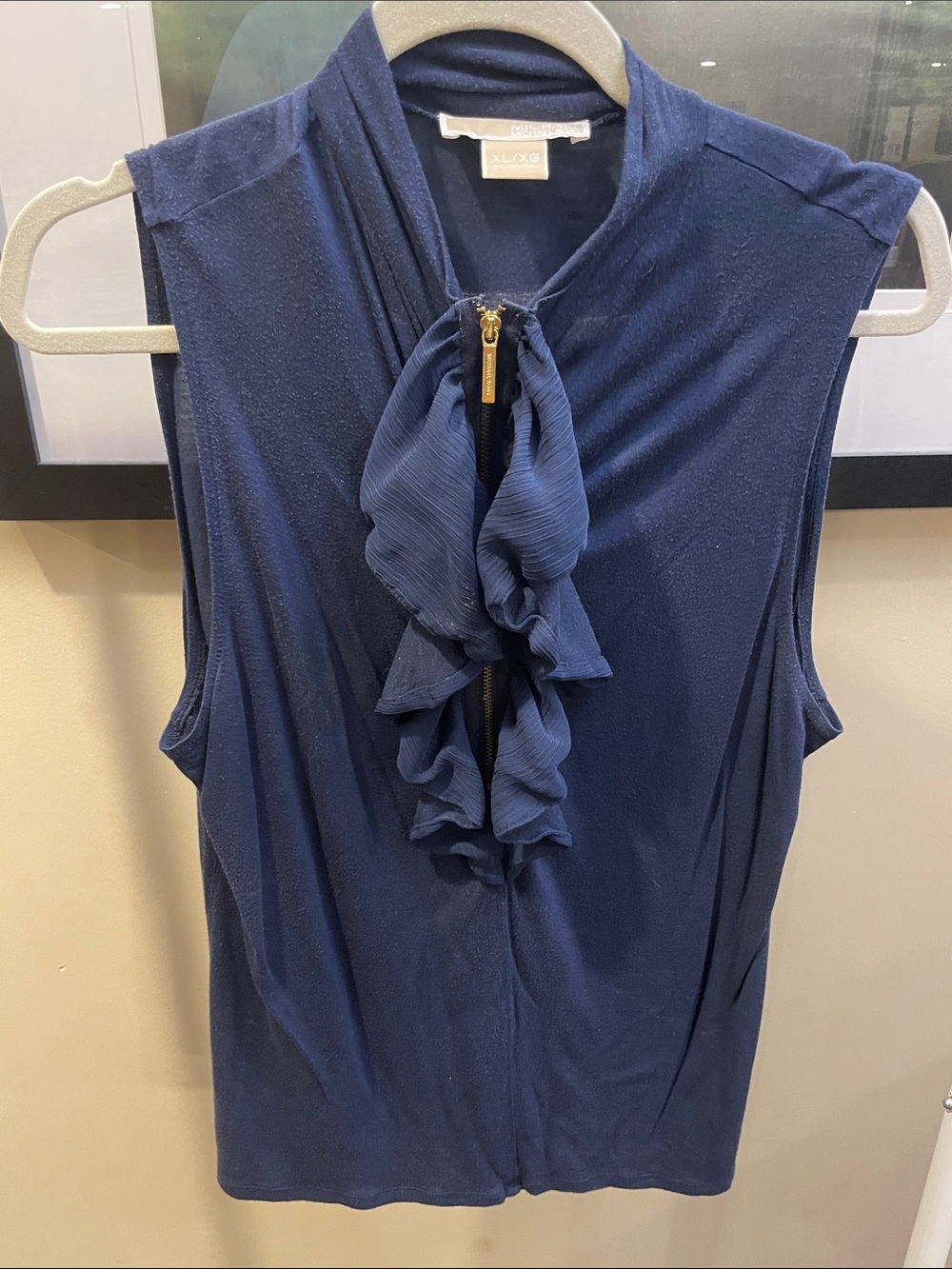 Michael Kors. XL. Sleeveless Ruffle Zip-Front Top - Navy